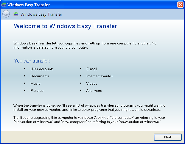Windows Easy Transfer Interface (2007)